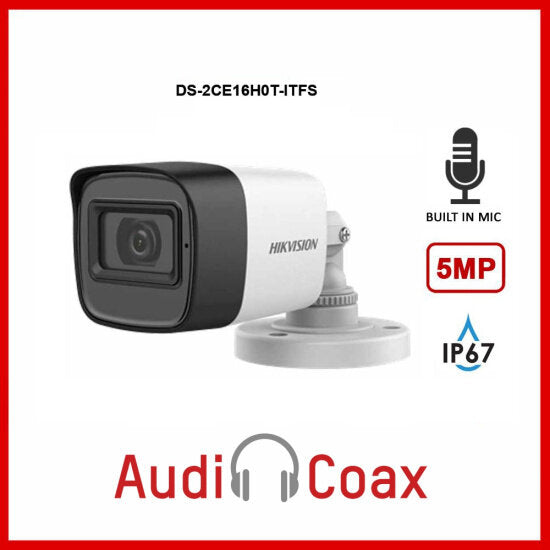 Влагозащитена 5MPx HD-TVI камера за видеонаблюдение с вграден микрофон HikVision DS-2CE16H0T-ITFS